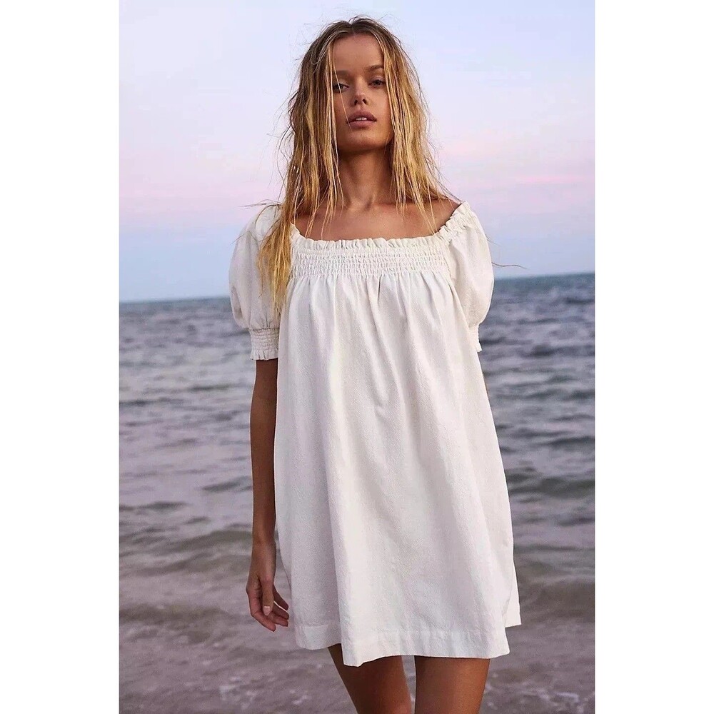 Free People Free Est Mila Mini Dress Smocked Puff Sleeves Striped Print M 290097
